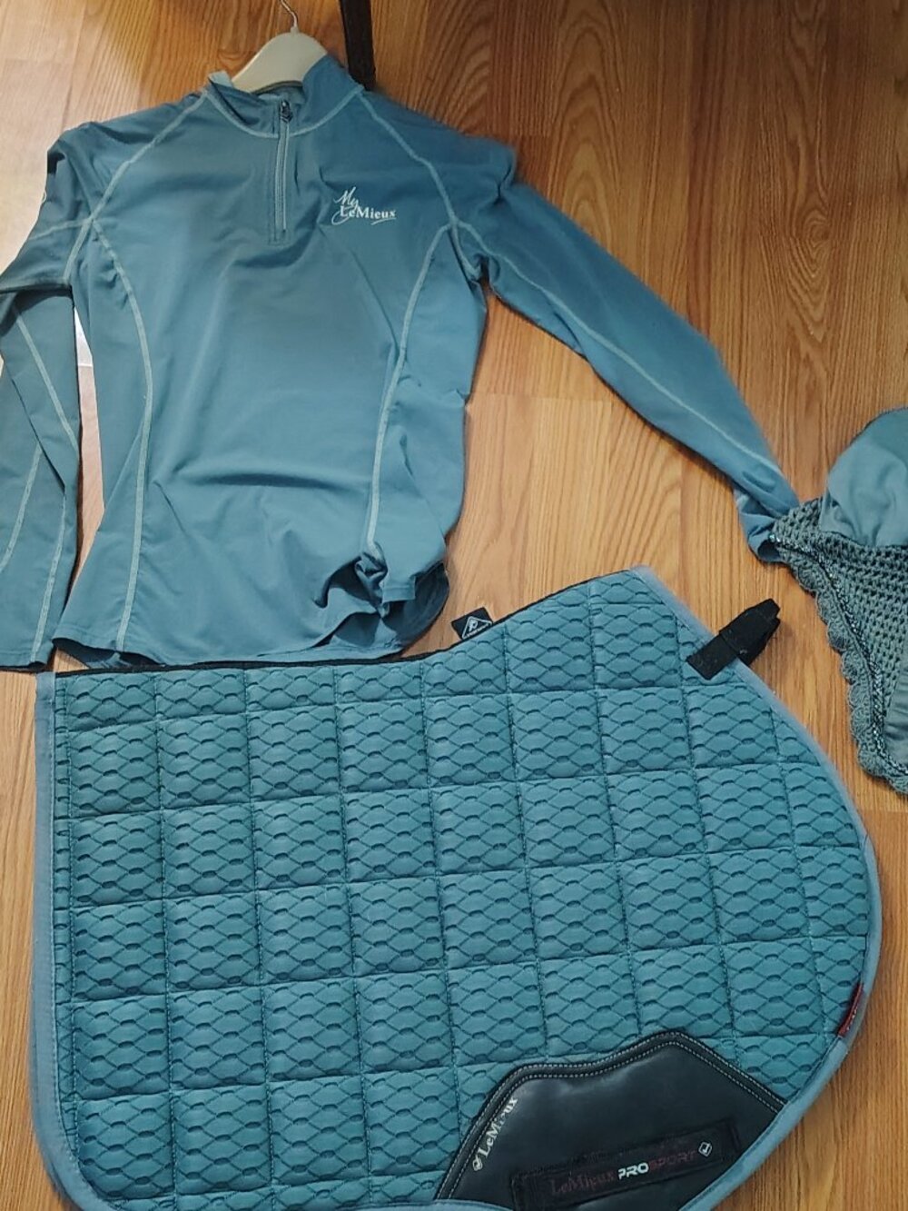 LeMieux sage saddle pad, shirt and bonnet set.